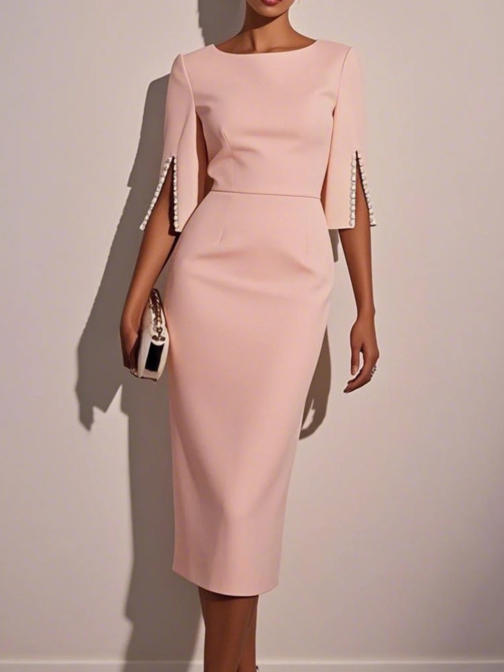BNWT Fehaute Pale Pink Sheath Dress with Faux Pearl Accents size 12